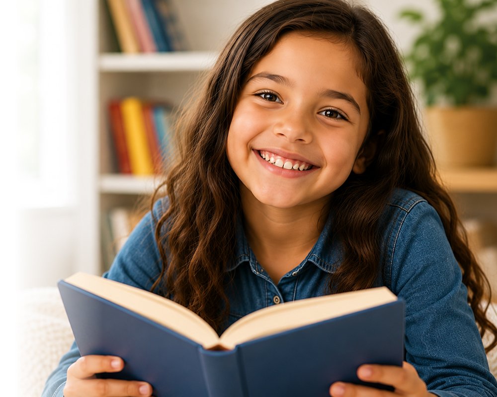 Girl reading book smiling at camera